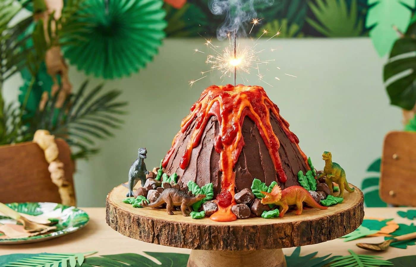 gateau volcan lave dino bougie feu de bengale table anniversaire thème enfant gouter