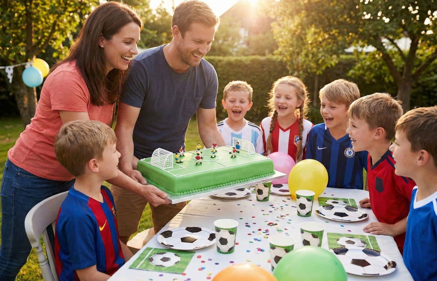 Parents apportant un gâteau d'anniversaire en forme de terrain de foot à des enfants émerveillés portant des maillots de leurs équipes préférées.