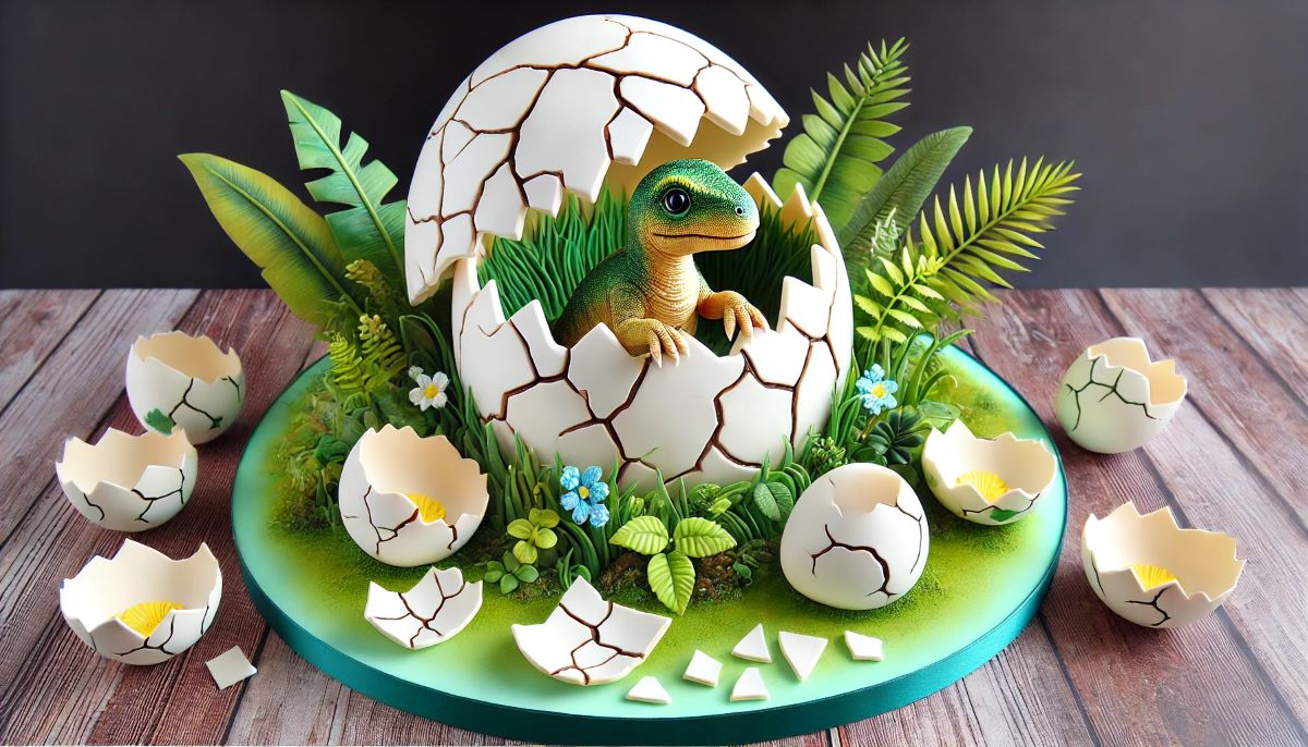 Gâteau trompe-l'oeil en forme d'oeuf de dinosaure cassé dévoilant un bébé dino, une idée originale de pâtisserie d'anniversaire
