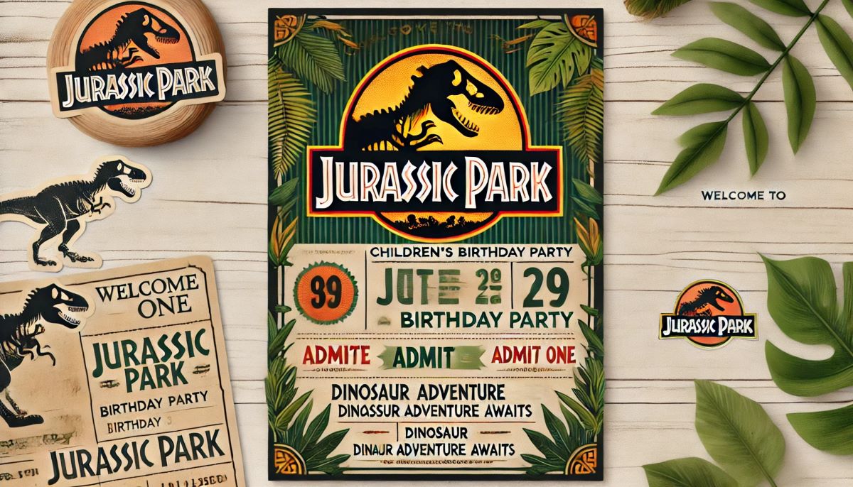 Invitation de goûter d'anniversaire d'enfant en forme de billet d'entrée pour un parc de dinosaures