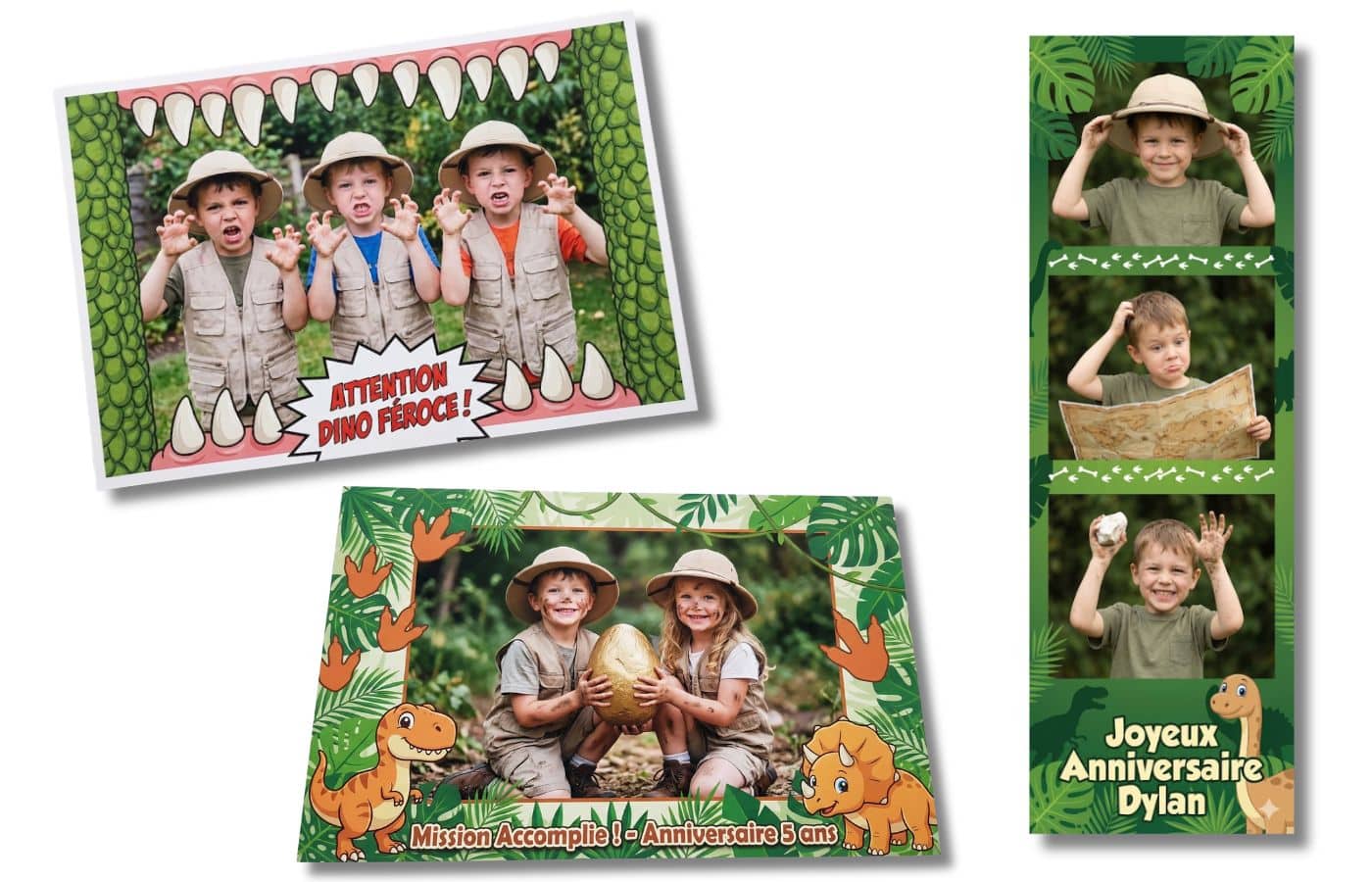 Tirage photobooth personnalisé dinosaure imprimé en 10x15 cm pendant un anniversaire d'enfant