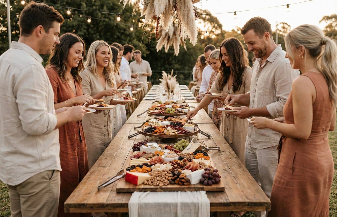 Idée repas chic et pas cher pour noces de bois : Grazing platter géant (planche apéro) et décoration bohème