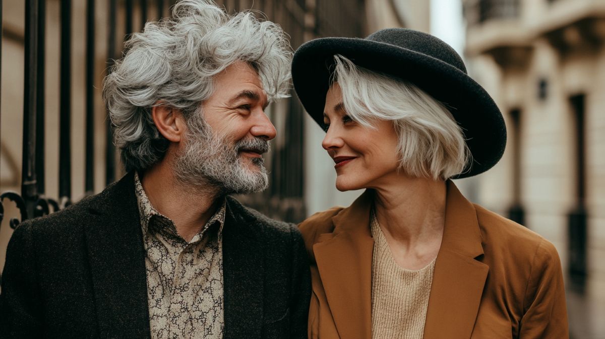 Couple élégant de cinquantenaires complices dans la rue à Paris