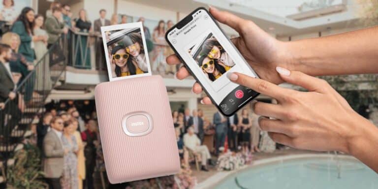 photo mariage invités au bord de piscine escalier imprimante photo portable mini instax rose smartphone iphone impression