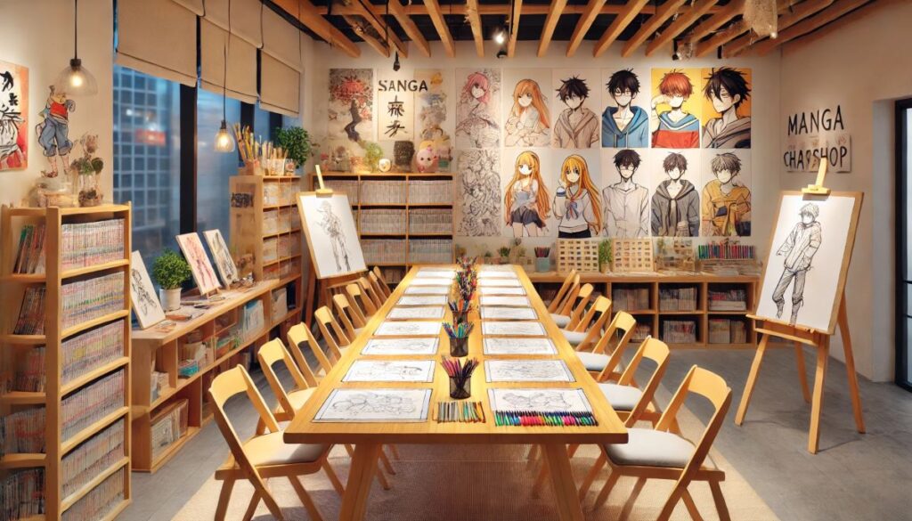 atelier dessin manga grande table ambiance otaku personnage accroché au mur crayon de couleur