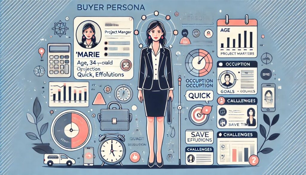 Buyer persona avatar fictif client modèle type marie 34 ans femme illustration