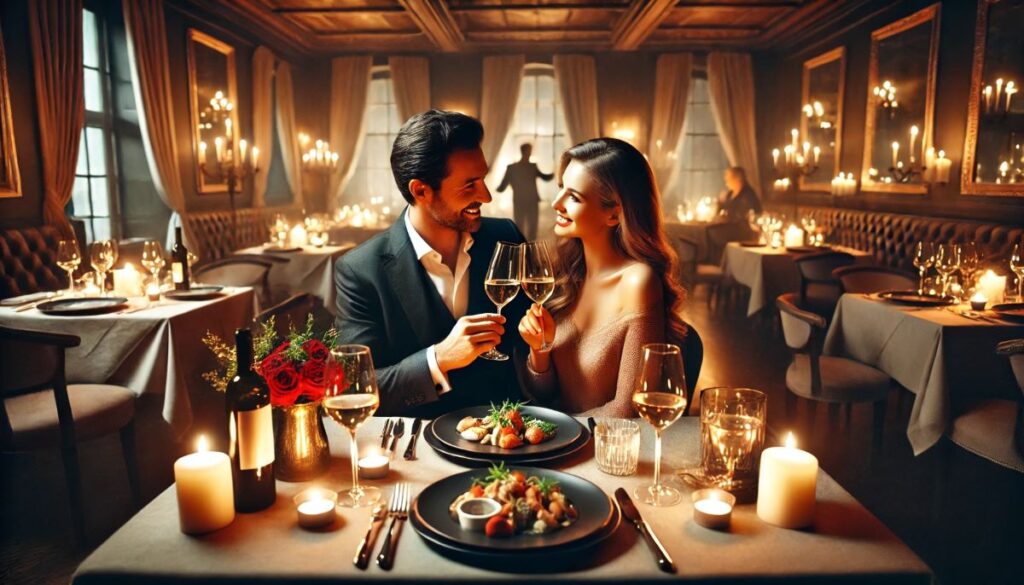 diner romantique restaurant gastronomique chic couple champagne ambiance bougie chandelier intime vin