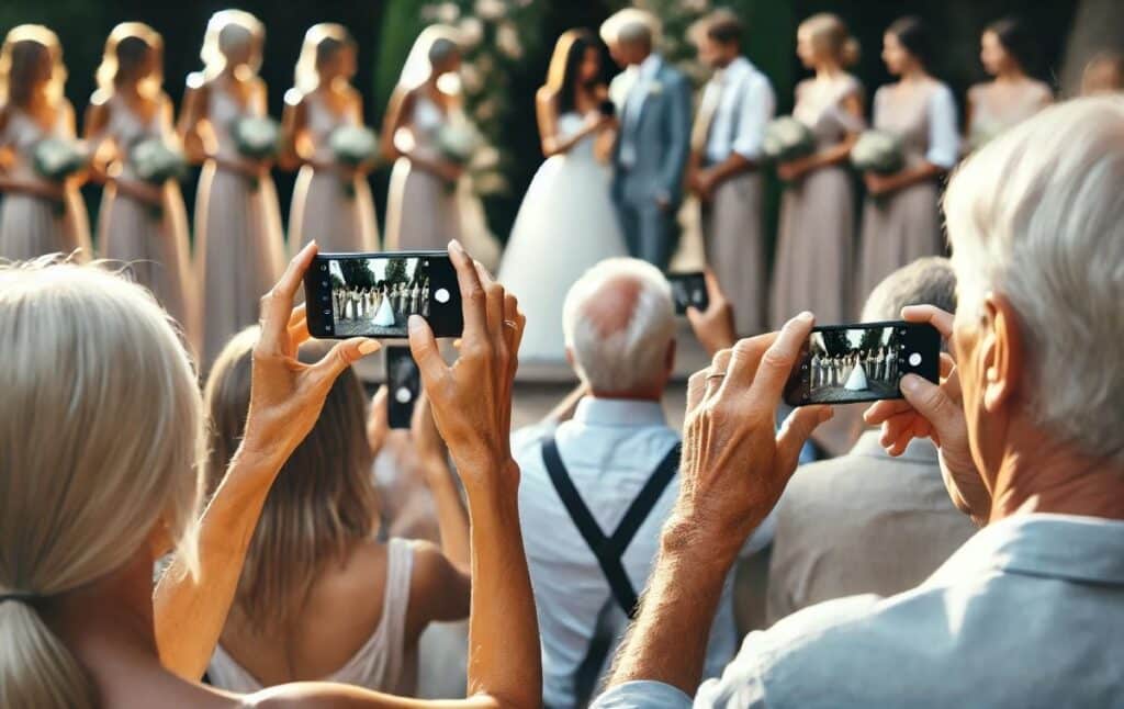 invités d'un mariage prennent photos sur leur smartphone cérémonie demoiselle d'honneur mariés flou au fond gras plan main téléphone