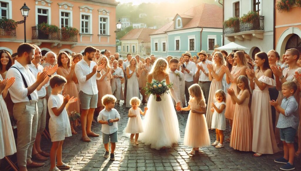 mariage sortie des mariés sur le parvis du village robe blanche amis proche famille autour soleil couchant d'été