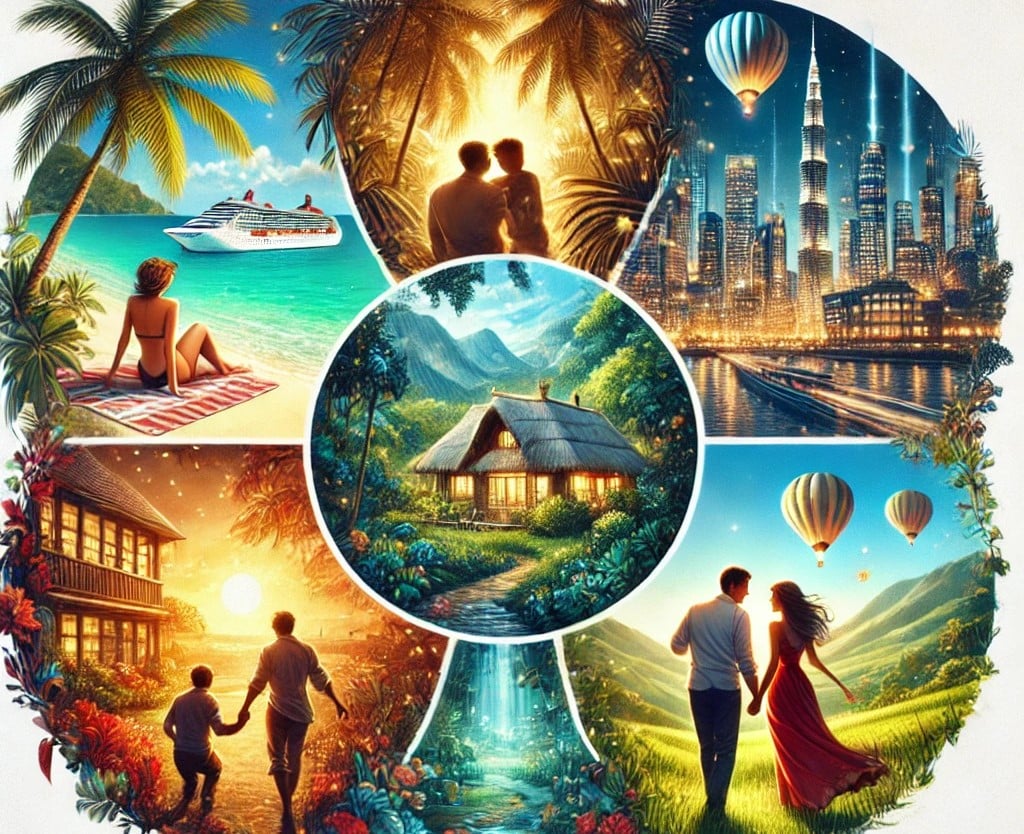 illustration voyage en amoureux couple destination exotique plage dubai montgolfière cabane asie jungle