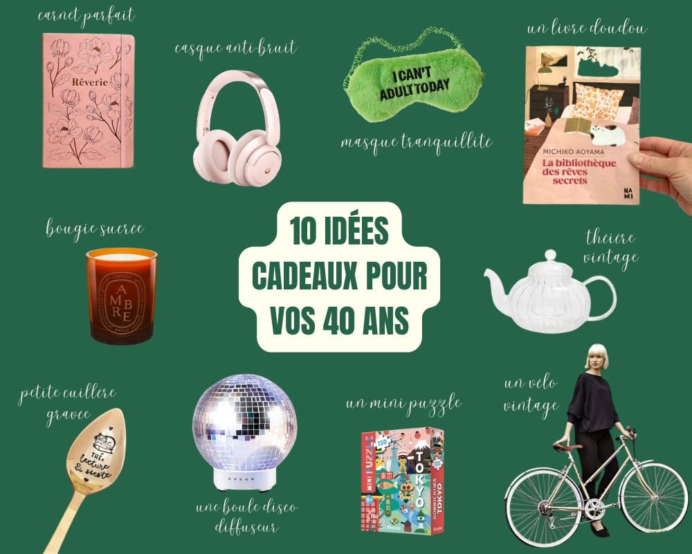 idées cadeaux 40 ans femme introvertie vélo masque casque réduction de bruit cuillère gravée boule disco mini puzzle tokyo bougie diptyque ambre bujo carnet rêverie théière