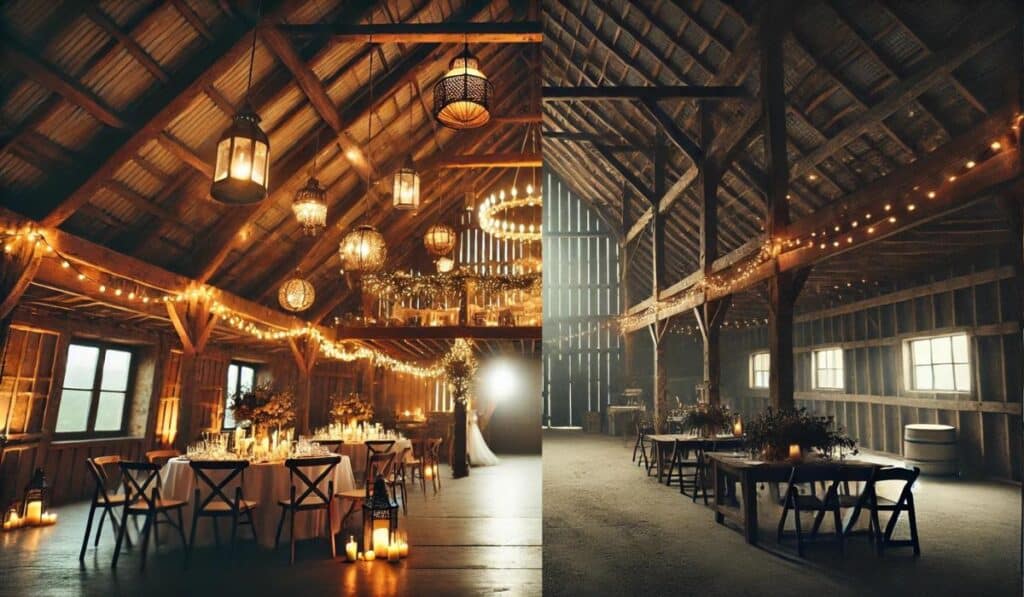 photo de lieu de mariage grange avant après découpé en deux decoration ambiance lumineuse