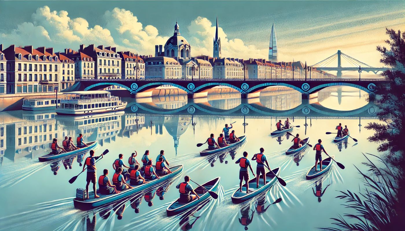 Équipe en canoë sur la Garonne à Bordeaux avec le Pont de Pierre en arrière-plan, activité de team building en plein air