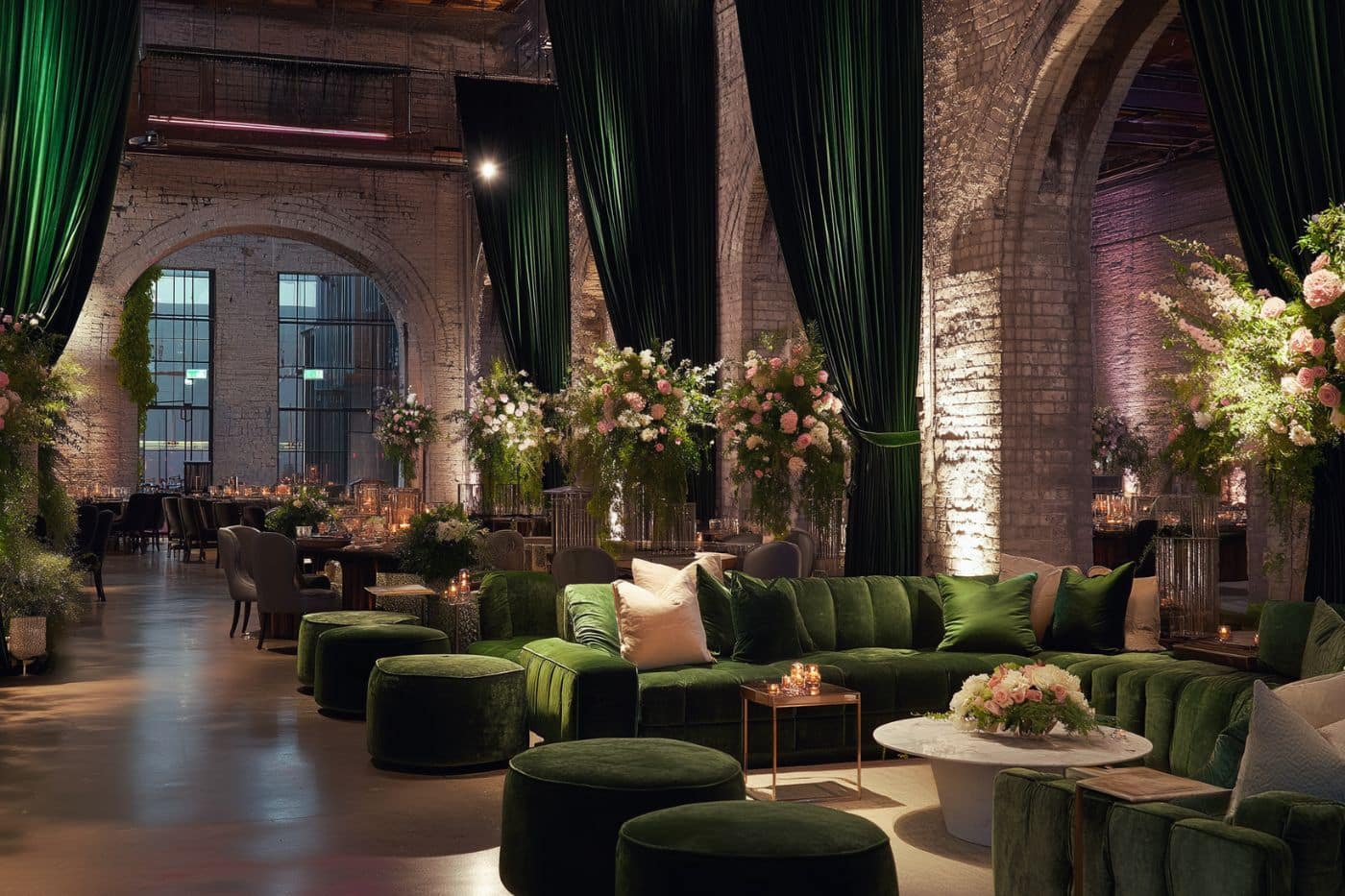 loft industriel hotel salon vert tenture rideau mur brique blanche