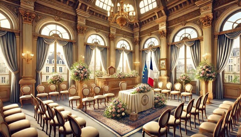 salle des mariages vitrées cérémonie civil pièce vide lieu mariés drapeau france europe