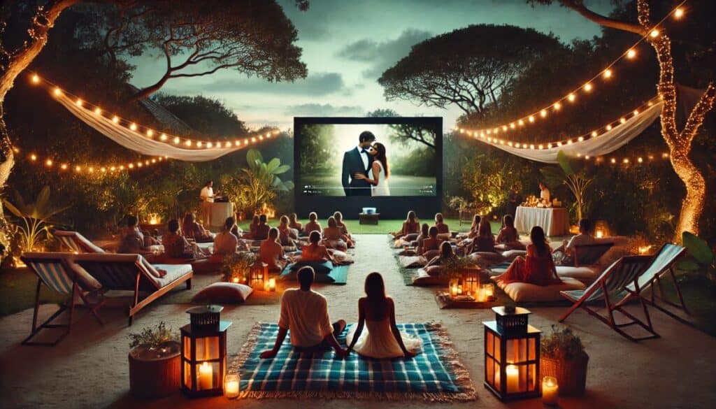 projection film de mariage en exterieur invité assis par terre chaise longue lanterne jardin videoprojecteur