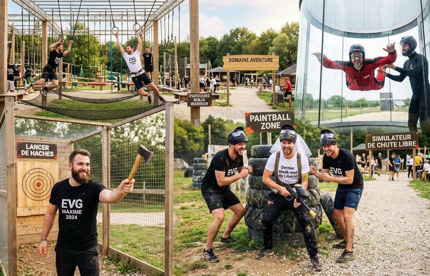 Groupe d'amis en plein enterrement de vie de garçon (EVG) profitant d'activités intenses : simulateur de chute libre, zone de paintball et parcours d'obstacles pour un week-end riche en adrénaline.