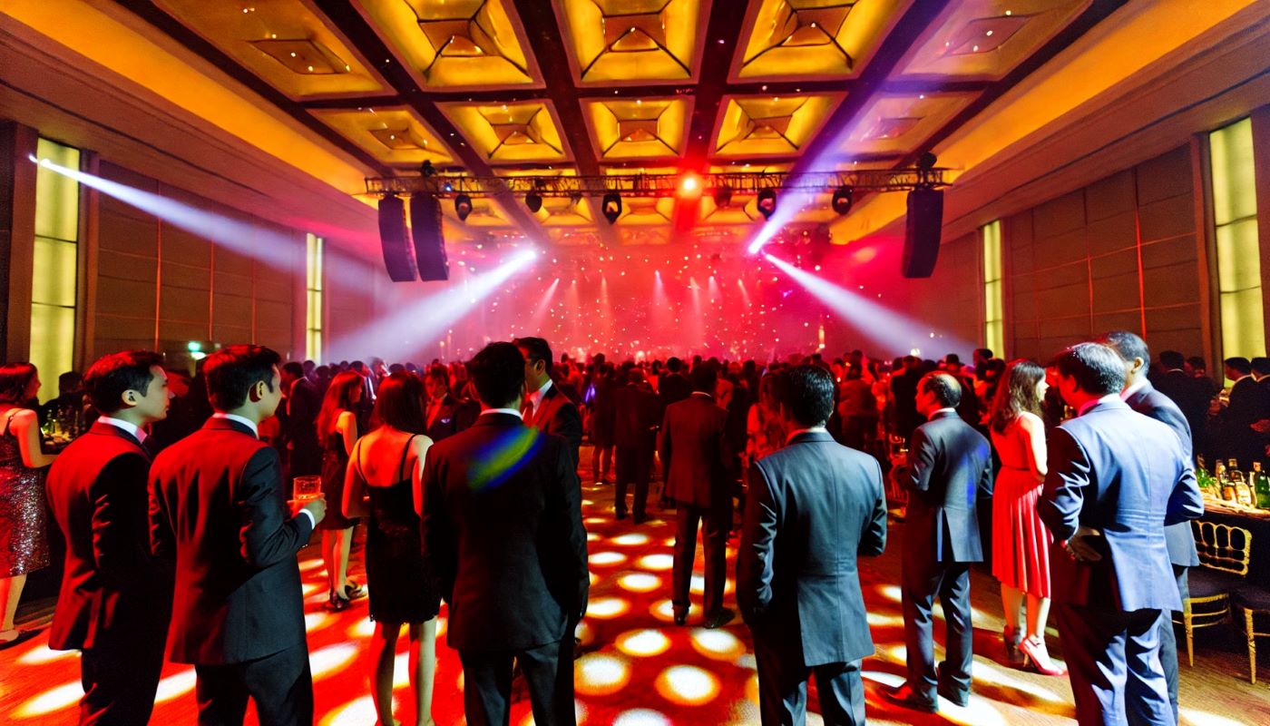Soirée de lancement de produit dans une grande salle avec jeux de lumière et invités en tenue de soirée