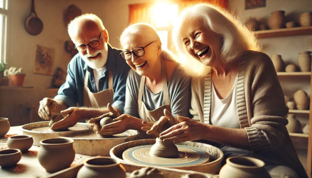 atelier poterie personnes agées content réalisation bol pot de fleur argile homme et femme retraités activité manuelle