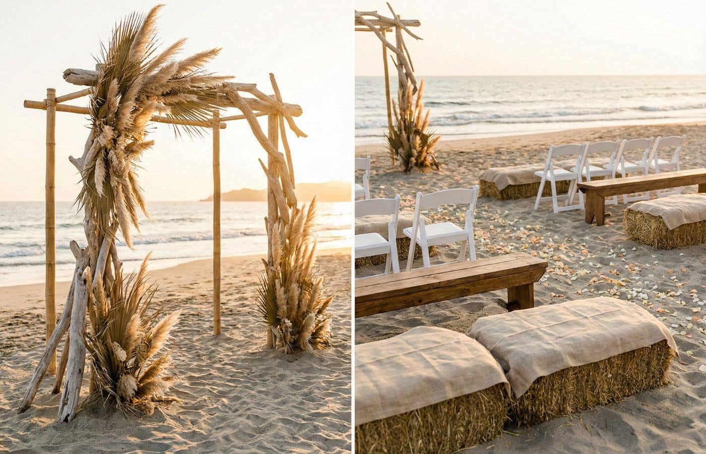 Exemple de décoration pour une cérémonie de mariage sur la plage : arche en bois flotté et pampas à gauche, et assises d'invités avec bancs en bois et bottes de paille à droite