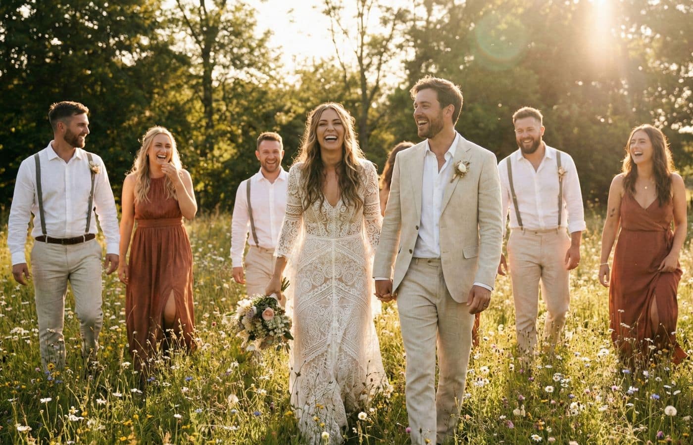couple des mariés boheme guinguette style champetre champ de blé avec invités