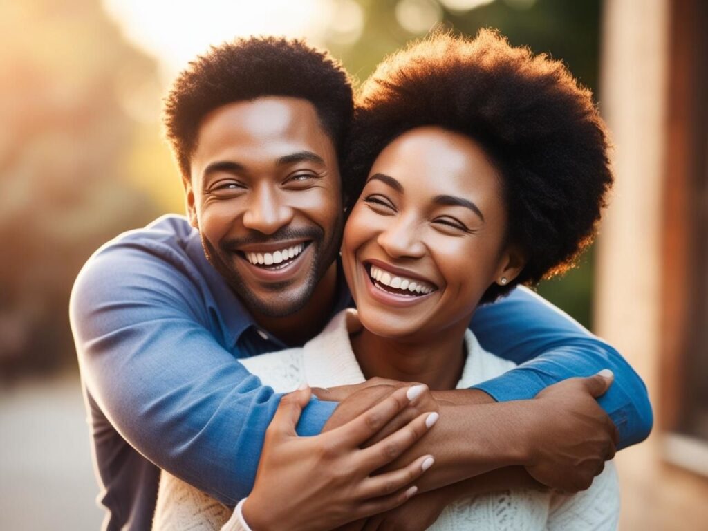 couple métisse afro mariage heureux calin sourire