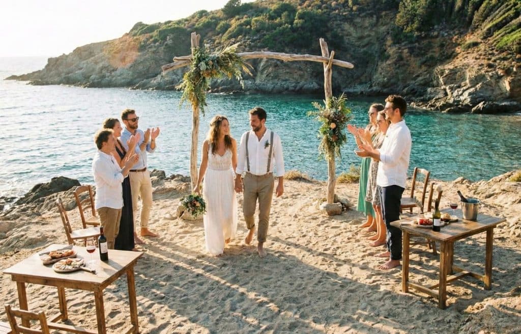 Mariage authentique sur une plage en Corse : mariés riant aux éclats lors du cocktail dans une crique sauvage au coucher du soleil