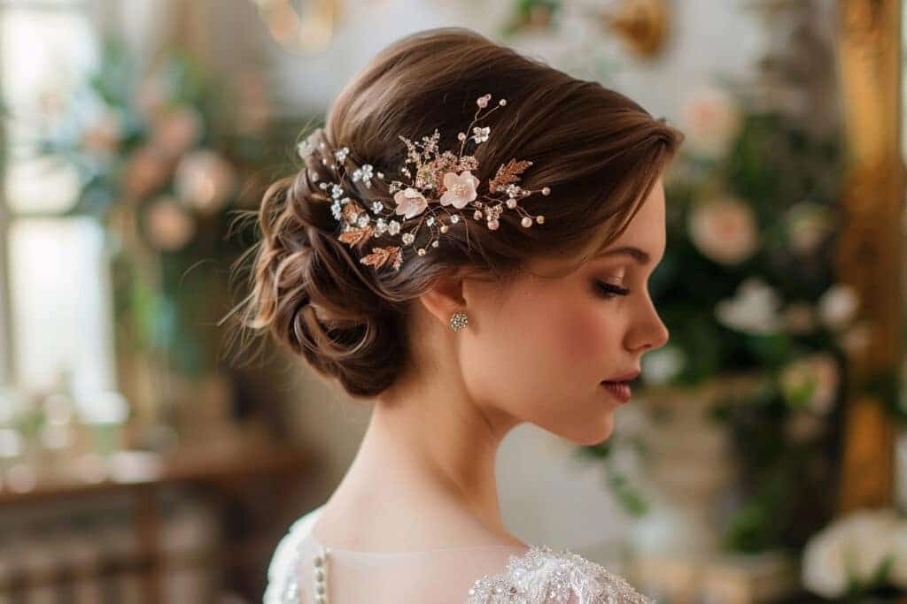 tendance coiffure tressée mariée accessoires fleurs cheveux châtain