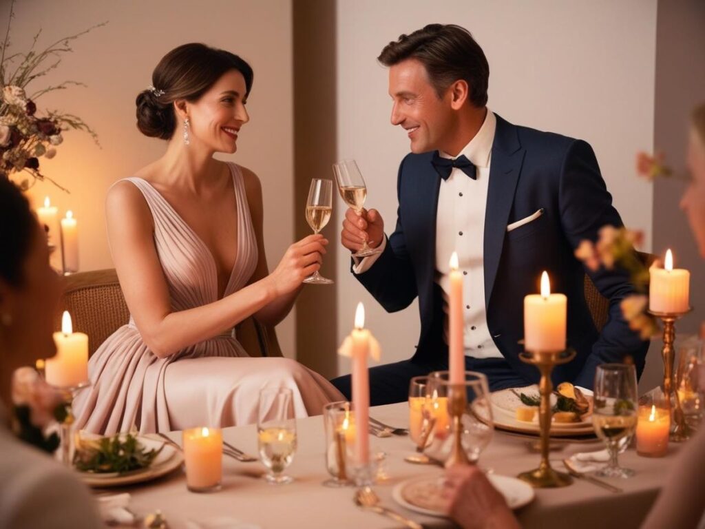 célébration couple diner romantique homme femme tenue chic costume robe de cocktail table bougie champagne