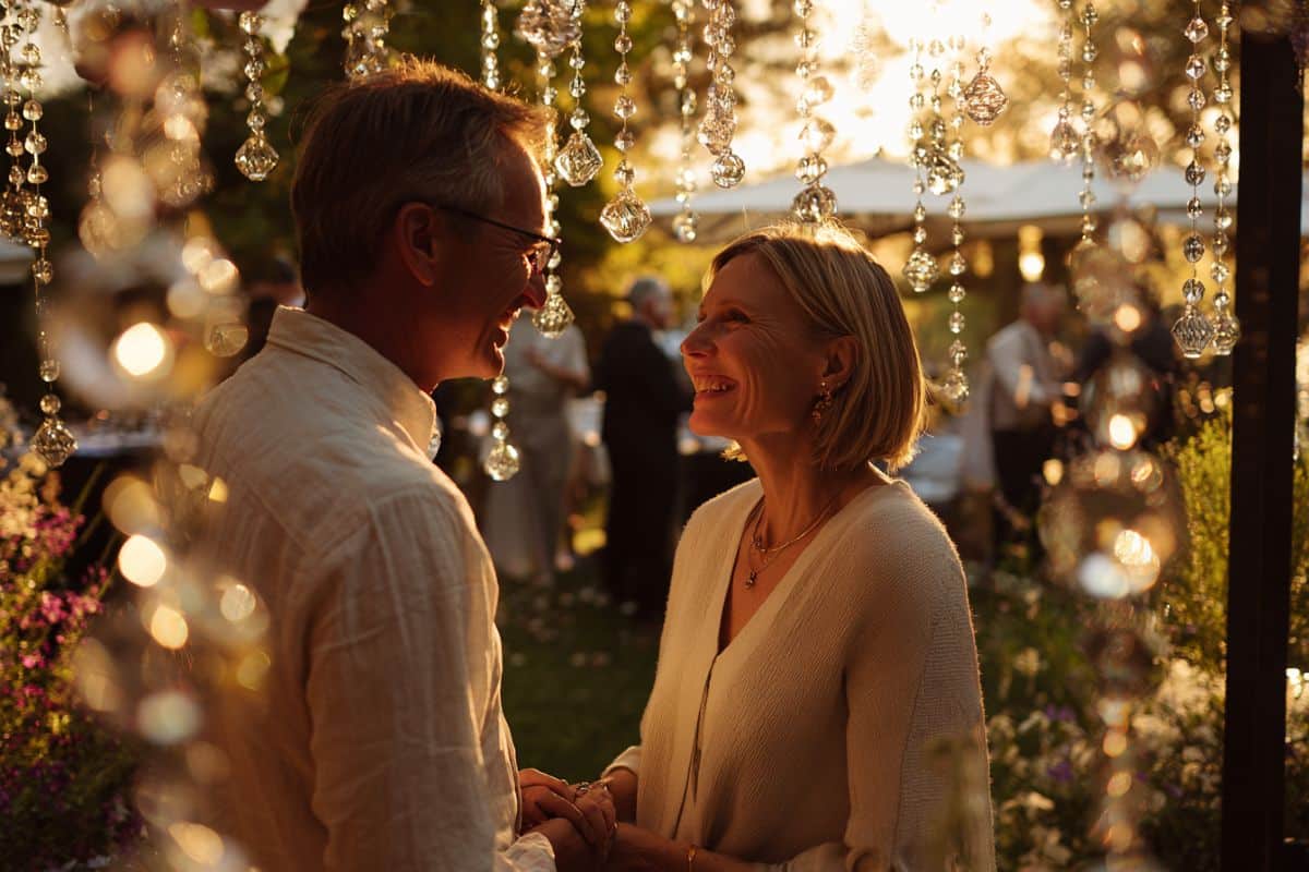 Couple heureux d'une quarantaine d'années célébrant son 15ème anniversaire de mariage lors d'une fête de renouvellement de vœux lumineuse