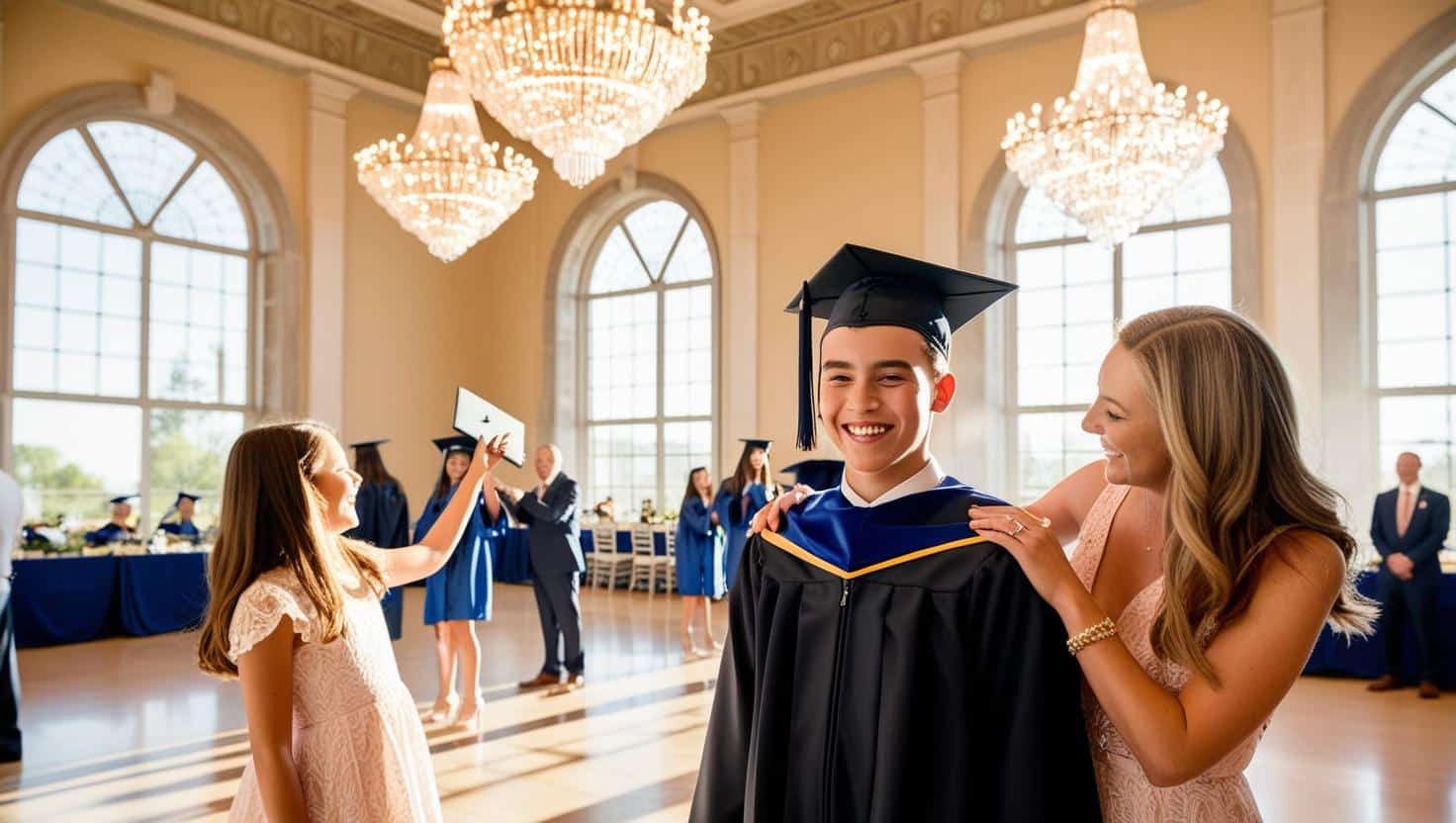 Remise de diplômes en famille : étudiant fier entouré de ses proches en salle de réception