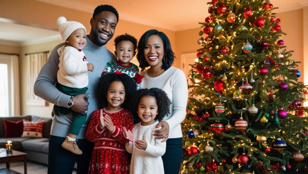 photo de noel en famille près du sapin maison salon