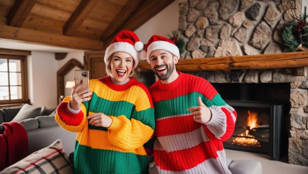 couple style influenceur gros pull moches de noel chalet montagne cheminée selfie noel