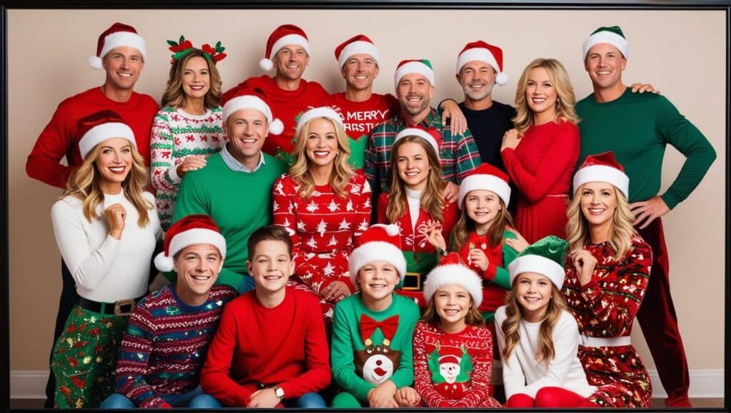 photo groupe esprit noel famille tenue habillé rouge vert bonnet