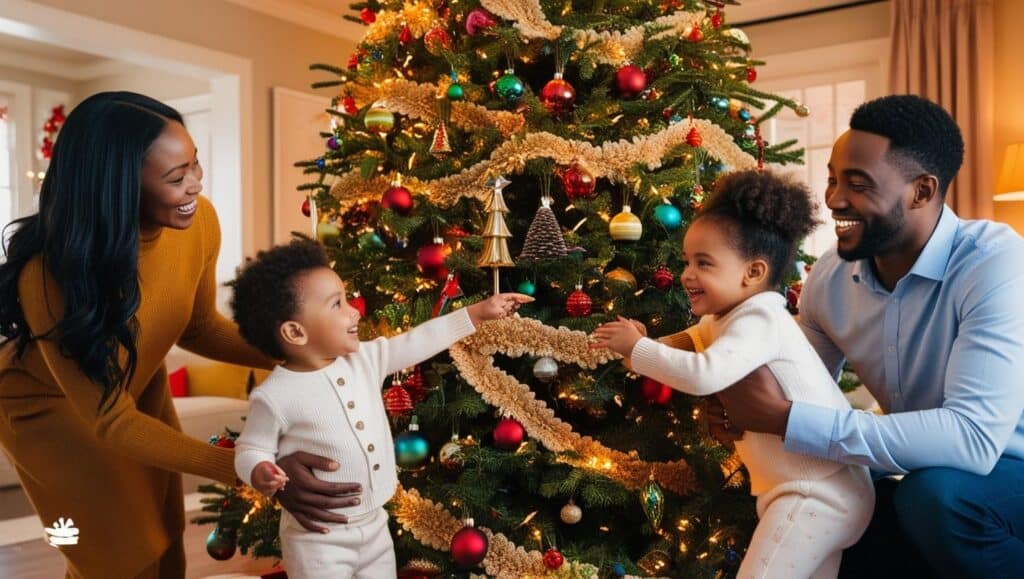 photo de noel famille mixte sapin décoré enfant papa maman joie