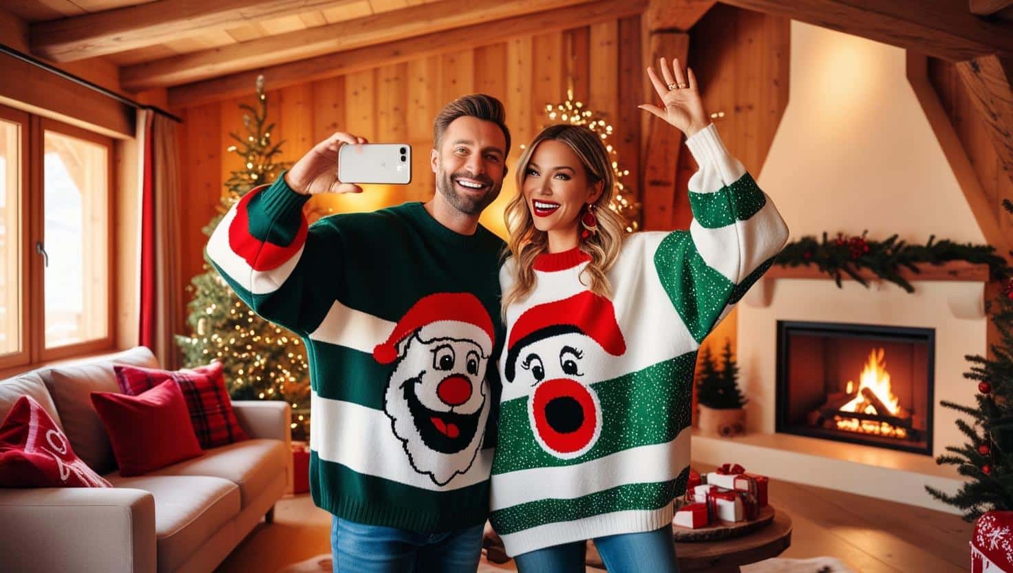 Deux invités en pulls moches prenant un selfie lors d'une fête d'hiver dans un chalet de montagne
