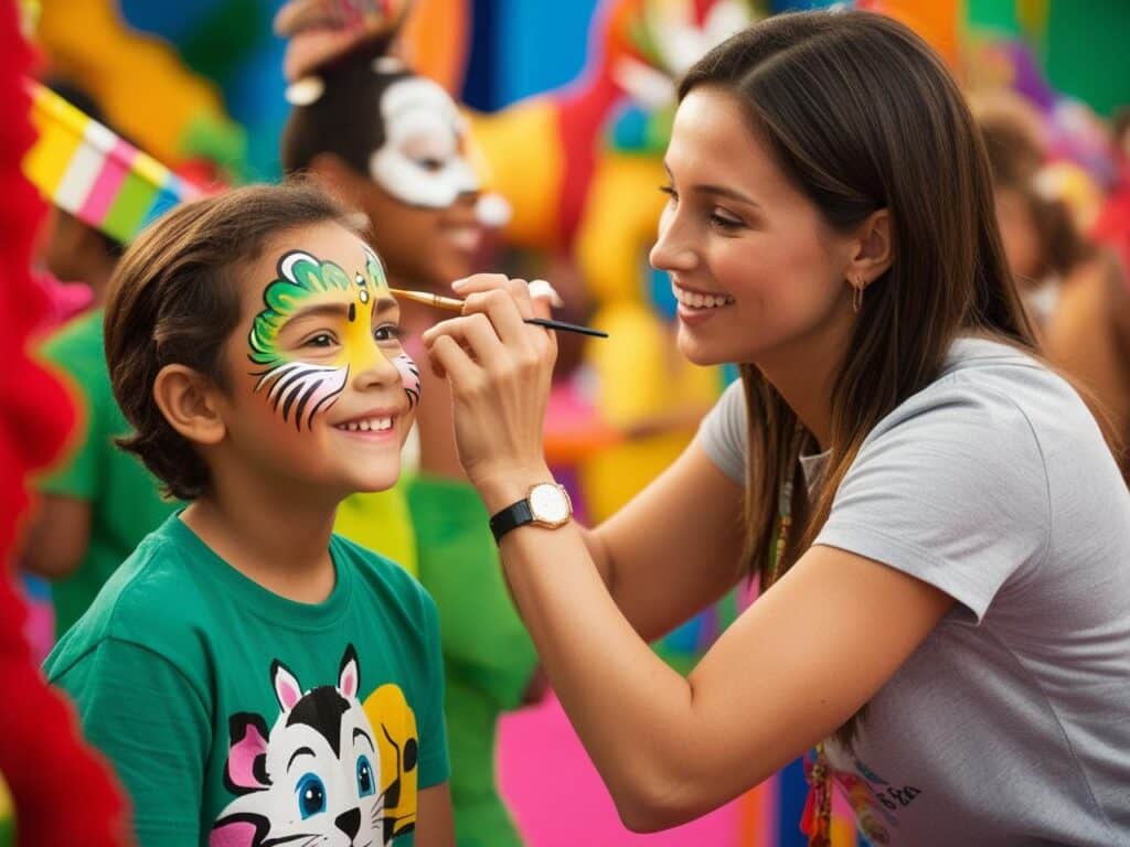 femme qui maquille un jeune garçon enfant animal visage peinture pinceau carnaval brésilien rio