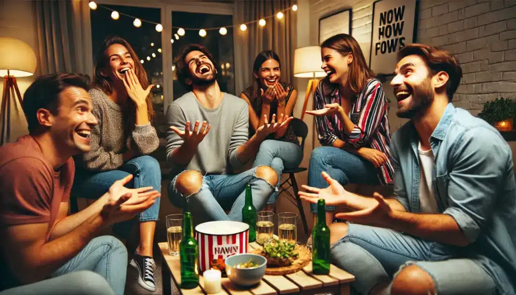 groupe d'amis assis en cercle, riant aux éclats pendant qu'un participant mime ou répond à une question hilarante. L’ambiance est décontractée, avec des boissons et snacks sur une table à proximité