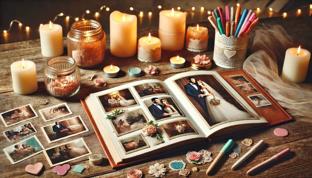 album photo ouvert sur une table, avec des images du couple prises lors de moments clés de leur mariage et des années passées. Des bougies décoratives en arrière-plan ajoutent une touche chaleureuse. Sur la table, des stylos colorés et des stickers laissent penser que l’album est en cours de création