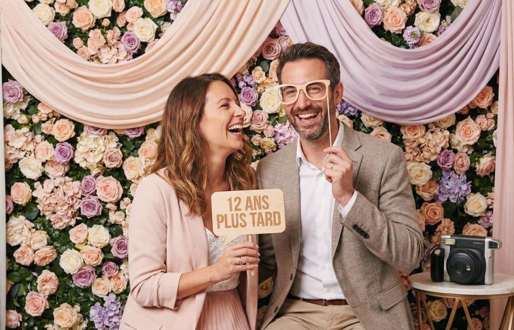 Couple joyeux utilisant des accessoires photo Shootnbox pour fêter leurs 12 ans de mariage (noces de soie) devant un mur de fleurs