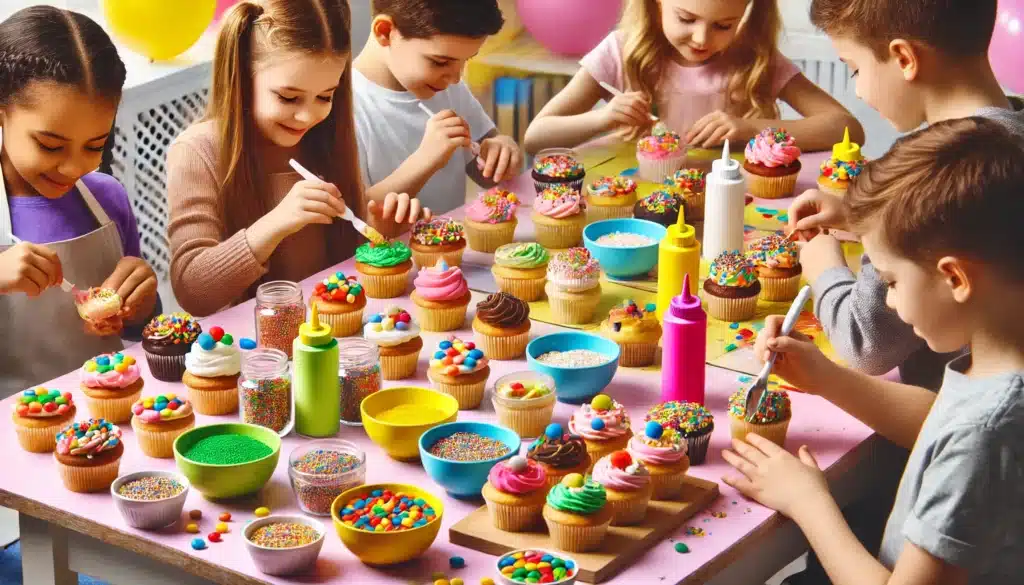 enfants en train de décorer des cupcakes avec des glaçages colorés, des bonbons et des paillettes comestibles, autour d'une table animée