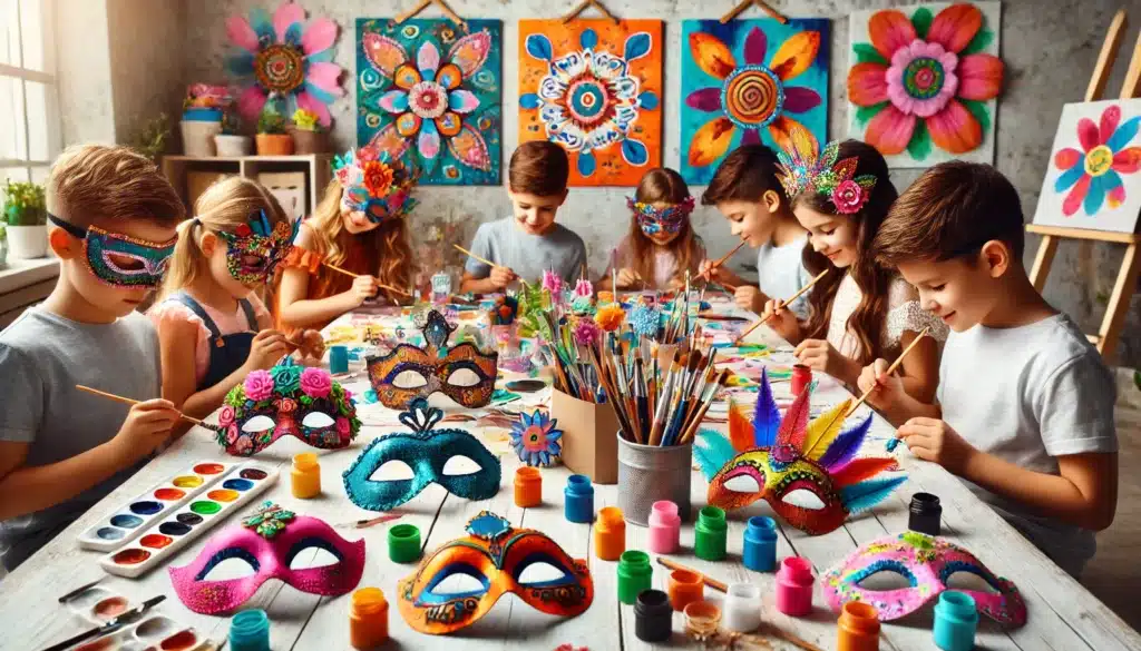 Un groupe d'enfants peignant ou décorant des objets comme des masques sur une table avec des fournitures colorées : pinceaux, feutres, paillettes