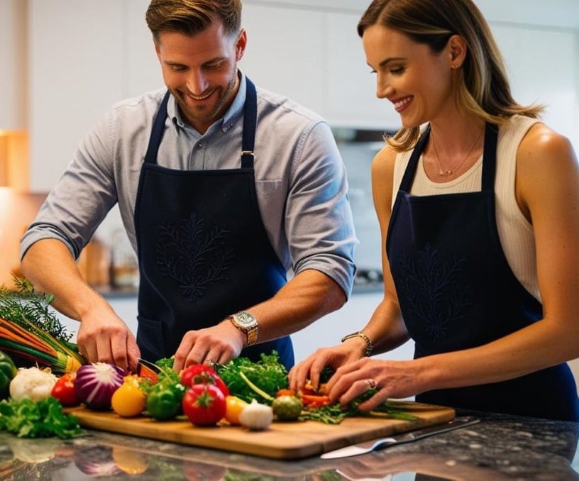 plan rapproché d’un couple en train de cuisiner ensemble dans une cuisine moderne. L’homme porte un tablier brodé en laine, et des plats appétissants sont en cours de préparation sur le plan de travail