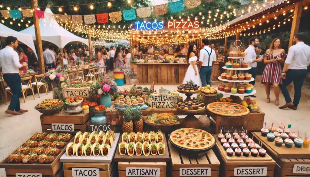 stand de buffet de mariage façon food market, proposant des tacos, des pizzas artisanales, et un coin dessert avec des cupcakes. Les invités se déplacent autour des stands dans une ambiance festive et conviviale