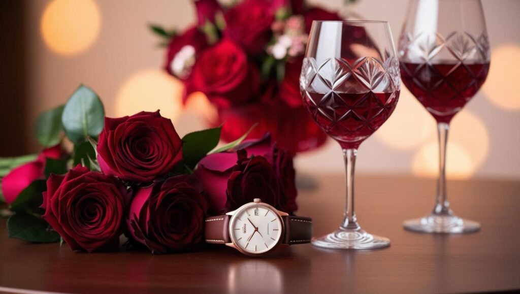 table romantique avec une montre élégante posée à côté d’un bouquet de roses rouges et de deux verres à vin remplis, sur un fond flou d’éclairage doux