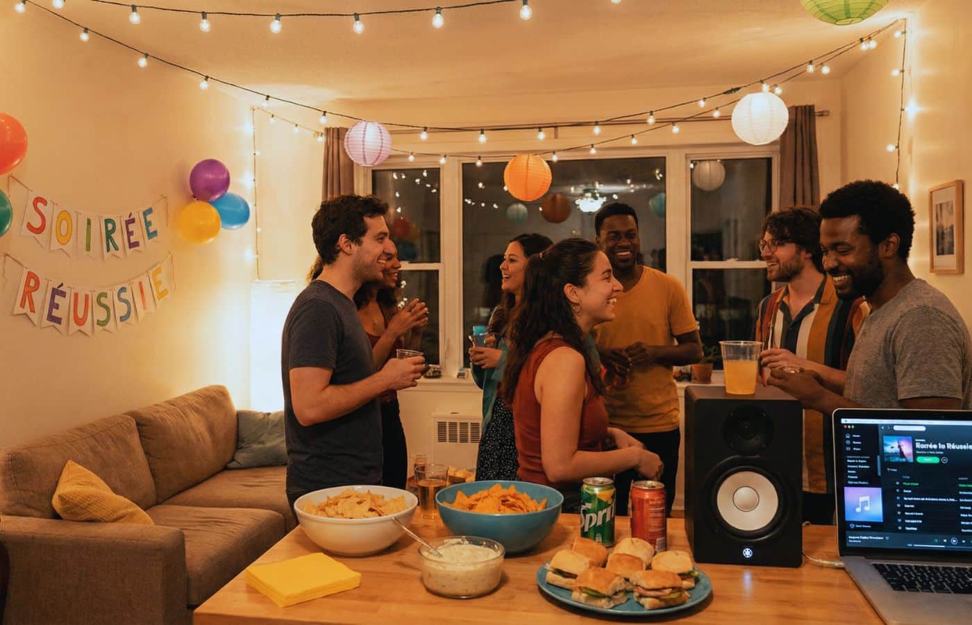 Ambiance festive et chaleureuse lors d'une soirée réussie entre amis : décoration avec guirlandes lumineuses, rires et convivialité dans un salon cosy.