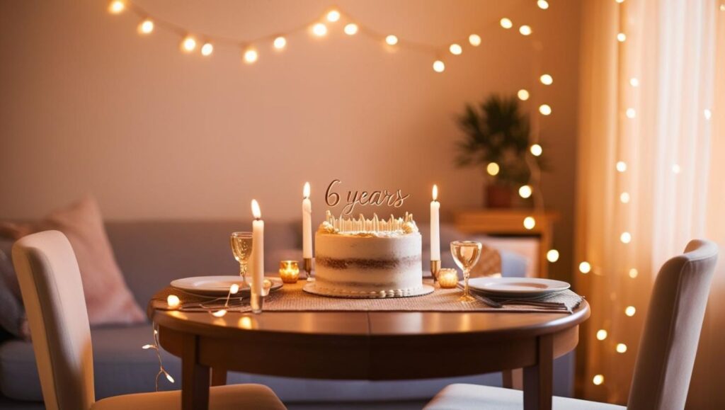 petite table de dîner dressée pour deux dans un salon chaleureux avec des bougies, des guirlandes lumineuses, et un gâteau à thème décoré de l'inscription "6 ans"