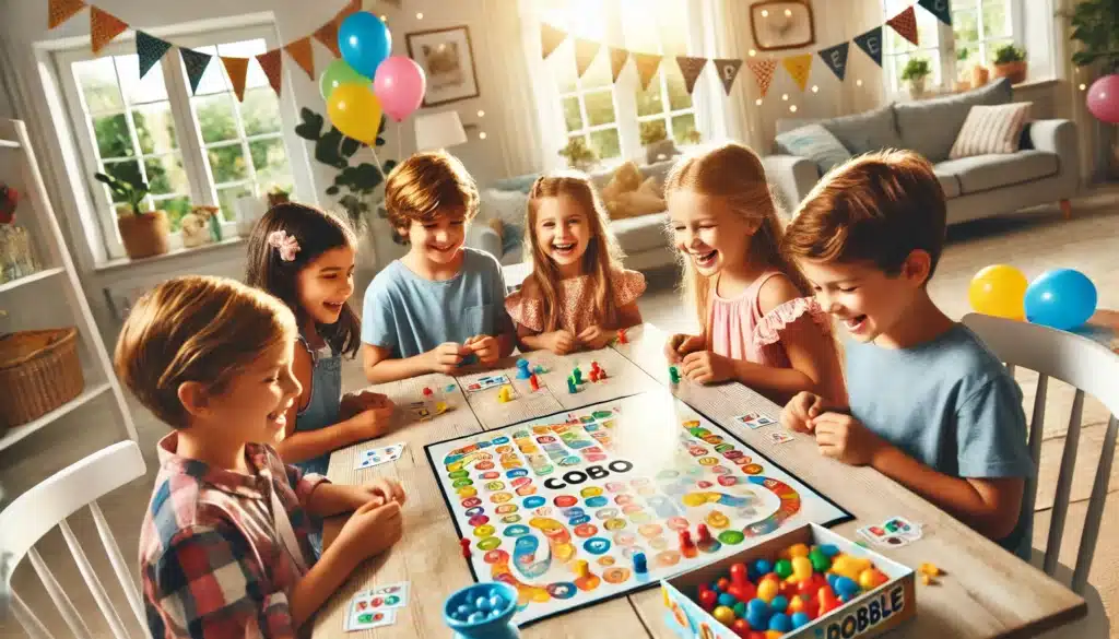 enfants assis autour d’une table, concentrés et amusés en jouant à des jeux de société adaptés à leur âge, comme le Loto