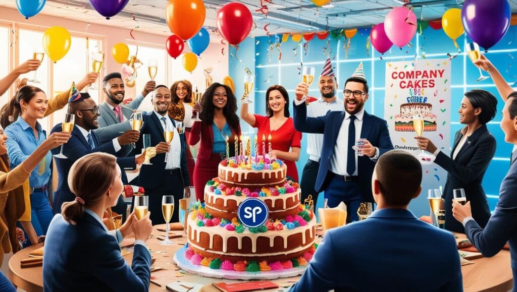 Une illustration dynamique et festive représentant une entreprise en pleine célébration : 🎉 Des employés souriants levant des verres de champagne 🎈 Des ballons et une décoration festive 🎂 Un gâteau d’anniversaire avec le logo de l’entreprise 🎤 Un discours du dirigeant devant son équipe enthousiaste