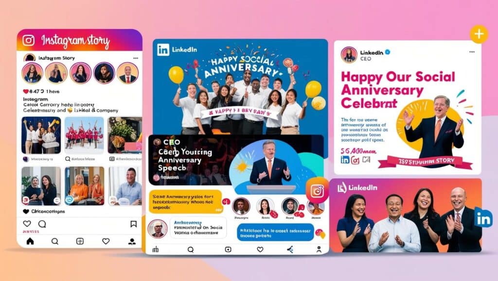 Image d’une entreprise partageant son anniversaire sur les réseaux sociaux 📌 Description : Un visuel mettant en scène : 📱 Une story Instagram d’une entreprise en pleine célébration 🎥 Une vidéo de discours du CEO sur LinkedIn 📢 Des clients et partenaires réagissant et interagissant en commentaires